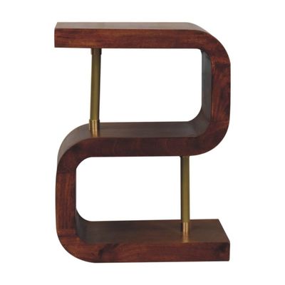 Chestnut Finish Bedside cabinet in shape of a letter S.  
Front elevation