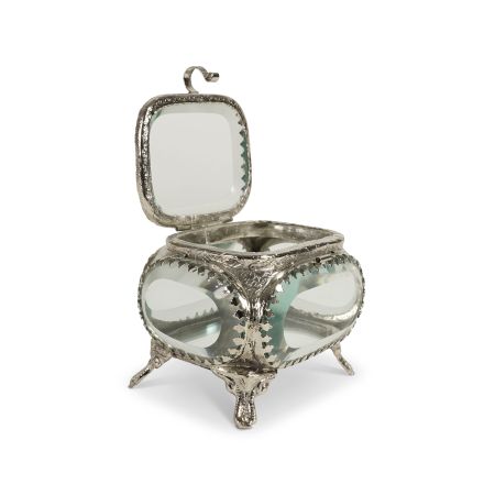 See the intricate brasswork on this open view of the Napoleon jewellery box.