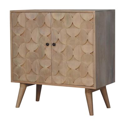 Hobart Mango Wood Cupboard
Front/ Side view
Attractive cupboard doors with hourglass type design
Solid mango wood with ivory finish