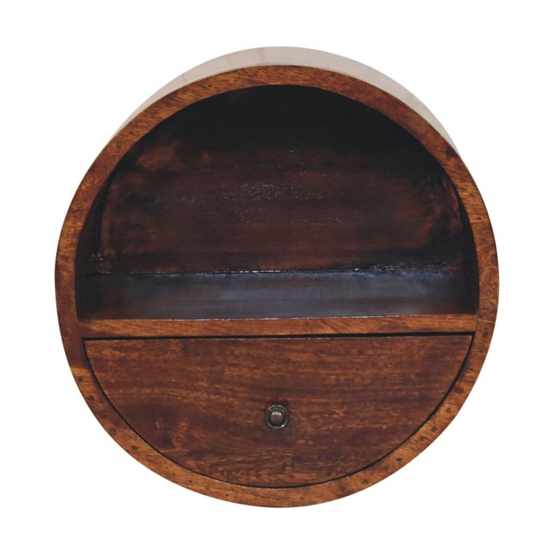 Cooper Chestnut Floating Bedside Cabinet
Front view
Circular Wooden cabinet with lower drawer and upper storage shelf
Chestnut coloured wood finish