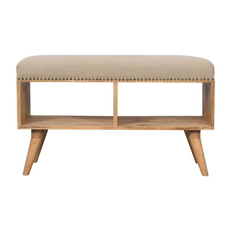Fleetwood Studded Linen Bench
Front view
2 compartment mango wood bench with soft padded cushion seat on top
Cushion in soft beige colour