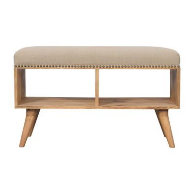 Fleetwood Studded Linen Bench
Front view
2 compartment mango wood bench with soft padded cushion seat on top
Cushion in soft beige colour