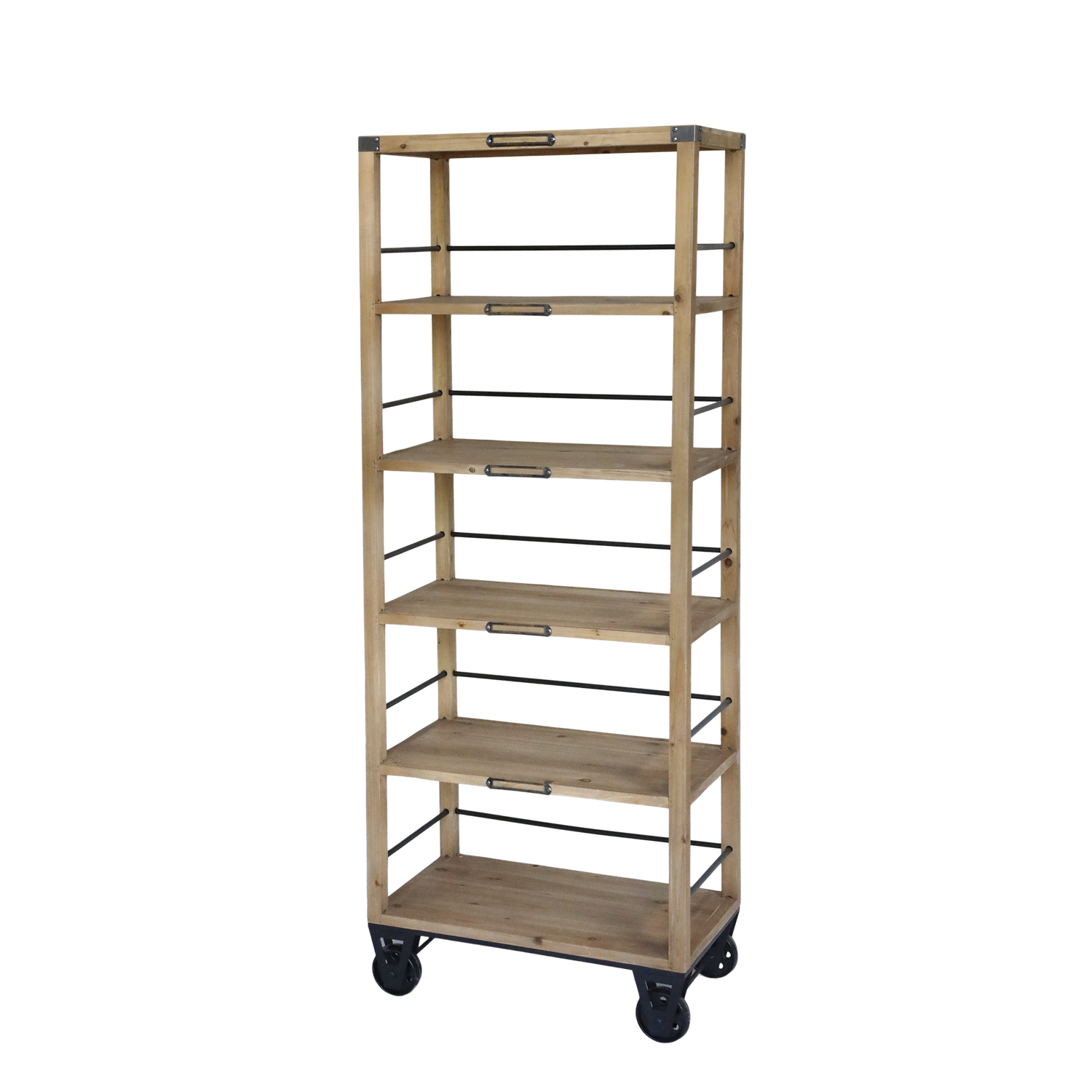 This is an extremely useful shelf unit built with five fir wood shelves.
Each shelf has iron bars at the sides and back to ensure nothing slips off, and metal detail tags.
And for handy mobility, there are good sized wheels so you can safely move the unit to a more convenient position when you need to.
Dimensions: H 157 x L 59.5 x W 35.5 cm