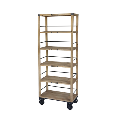 This is an extremely useful shelf unit built with five fir wood shelves.
Each shelf has iron bars at the sides and back to ensure nothing slips off, and metal detail tags.
And for handy mobility, there are good sized wheels so you can safely move the unit to a more convenient position when you need to.
Dimensions: H 157 x L 59.5 x W 35.5 cm