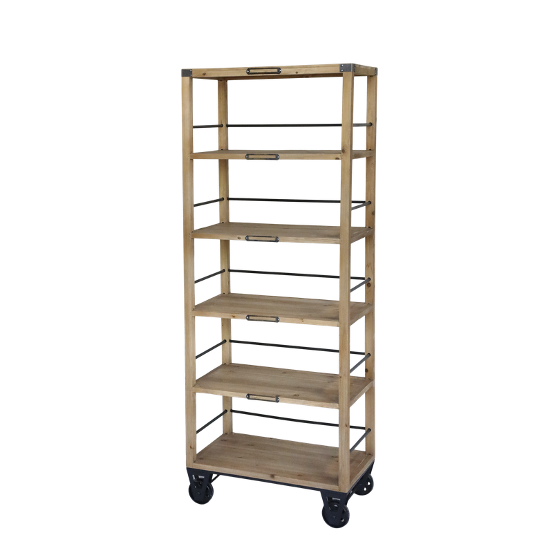 This is an extremely useful shelf unit built with five fir wood shelves.
Each shelf has iron bars at the sides and back to ensure nothing slips off, and metal detail tags.
And for handy mobility, there are good sized wheels so you can safely move the unit to a more convenient position when you need to.
Dimensions: H 157 x L 59.5 x W 35.5 cm
