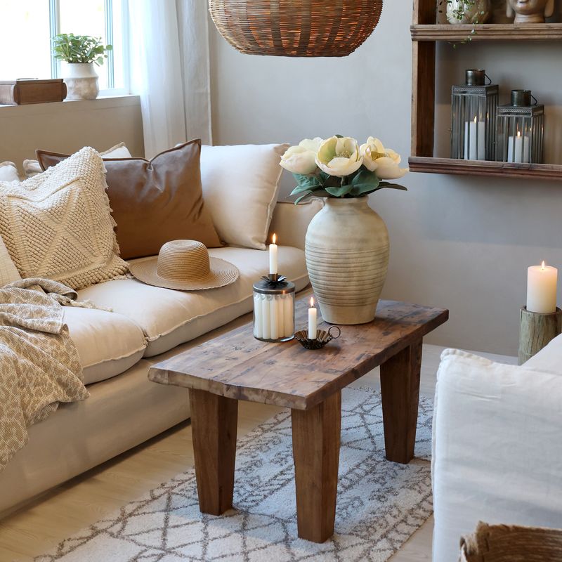 One of our best sellers is this popular Coffee Table, made from recycled, reclaimed wood. It has a natural finish, and its 90 x 45 size is ideal for most situations. Look how attractive it looks in this room setting.