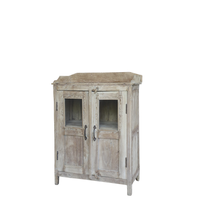 small display unit is an extremely useful and attractive cabinet made from recycled wood, with two glass panels on each of the two opening doors.
