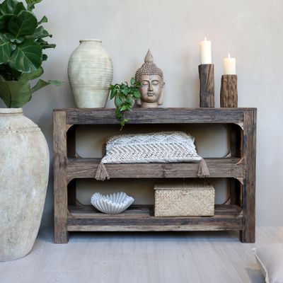 Amelie low shelving unit. Made fr
Made from recycled, reclaimed wood as you would expect. 
Dimensions H 80 x L 120 x W 40  cm
