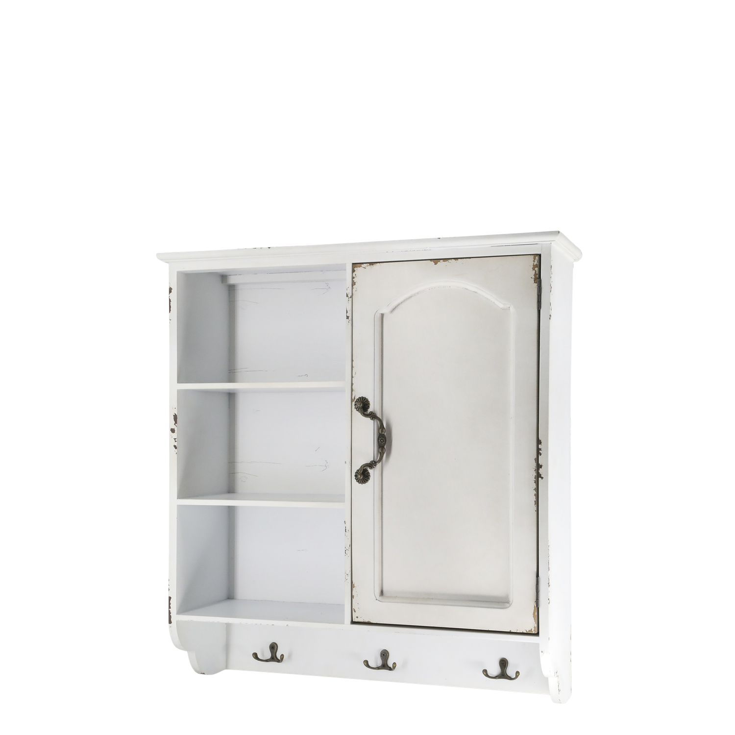 Jolie Double Wall Cabinet Beautiful and practical. This lovely Jolie cabinet has an opening door and an open shelf display area. Below the cupboard and shelf are hangers, ideal for cups, mugs, keys or anything else that can go on a hook!
It is made of fir wood, MDF, plywood and iron.
Cream finish. Size 61 x56 x19 cm