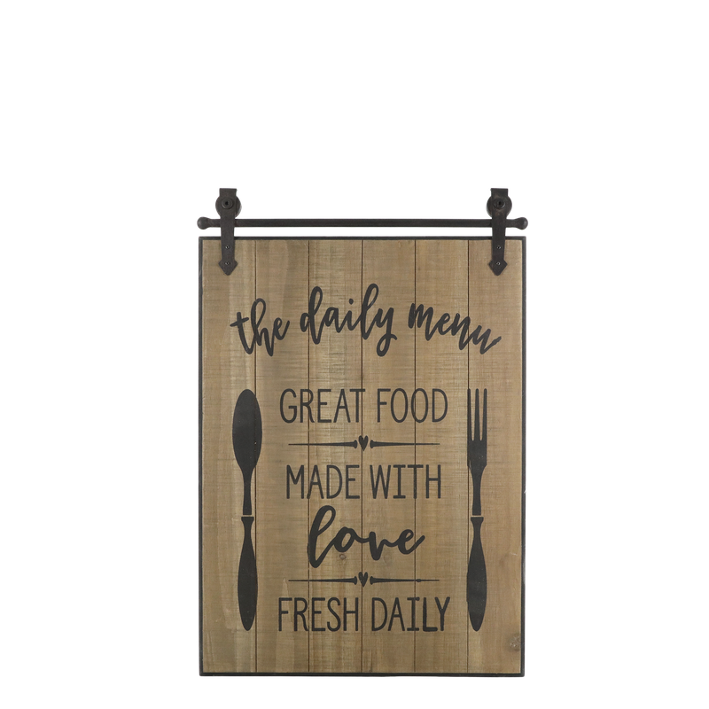 Lovely quality kitchen signs each showing a 'Great Food Made With Love' message with different designs. Made of pine wood and iron. This image shows one of the signs in closer view.
Height 57 cm and width 38 cm.