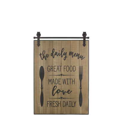 Lovely quality kitchen signs each showing a 'Great Food Made With Love' message with different designs. Made of pine wood and iron. This image shows one of the signs in closer view.
Height 57 cm and width 38 cm.