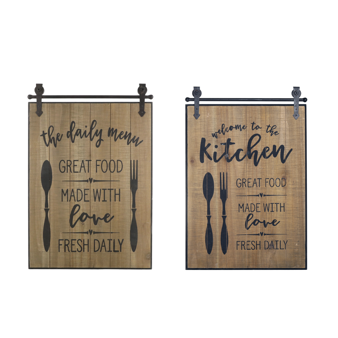 Kitchen Signs - Set of Two Lovely quality kitchen signs each showing a 'Great Food Made With Love' message with different designs. Made of pine wood and iron.
Height 57 cm and width 38 cm.