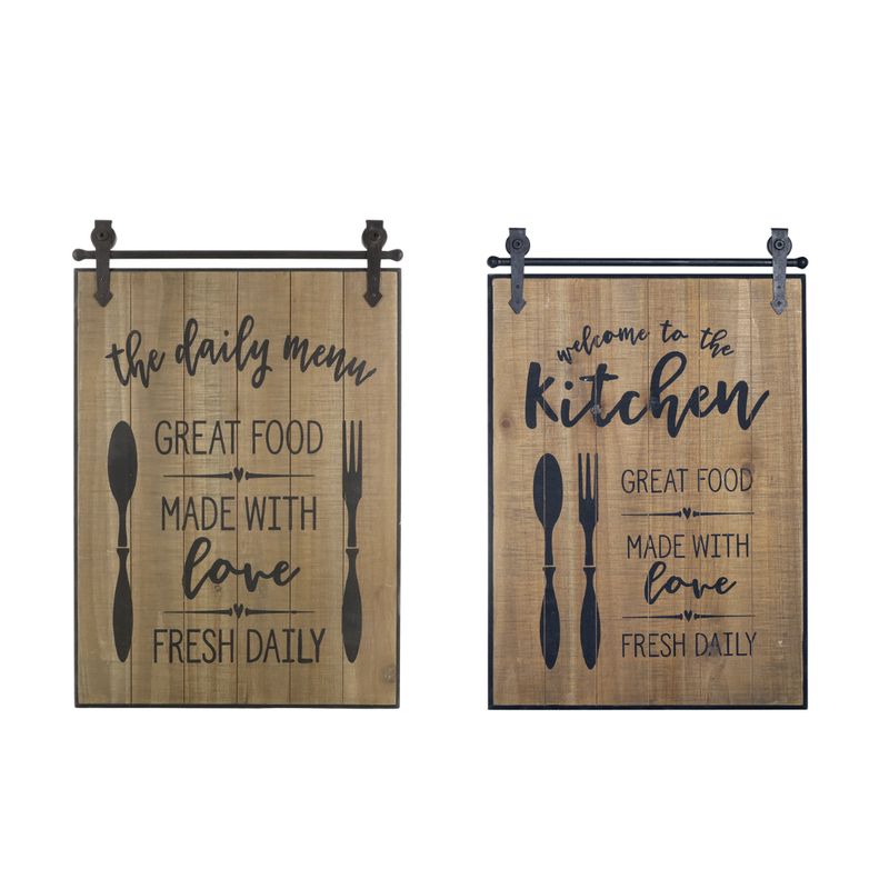 Kitchen Signs - Set of Two Lovely quality kitchen signs each showing a 'Great Food Made With Love' message with different designs. Made of pine wood and iron.
Height 57 cm and width 38 cm.