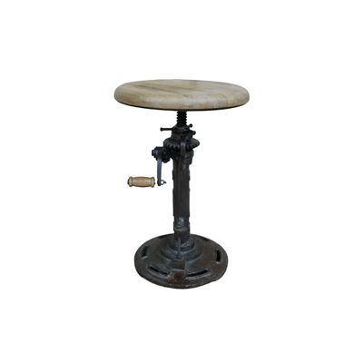 Ratchet Industrial Stool An interesting stool in an industrial style with a handle ratchet mechanism enabling the stool to be highered or lowered according to taste! Sturdy iron frame with mango wooden seat and handle.
Height can be adjusted by turning the handle, anywhere from 46 to 60 cm.