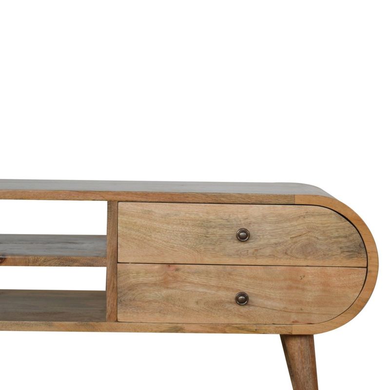Scandinavian style media with two drawers and two shelves. Just right for keeping all your audio equipment together from phone, mp4, radio, receiver, and even a tb on top if you wish. 
Solid mango wood with an oak effect finish.
Front close-up view here showing quality of workmanship. 