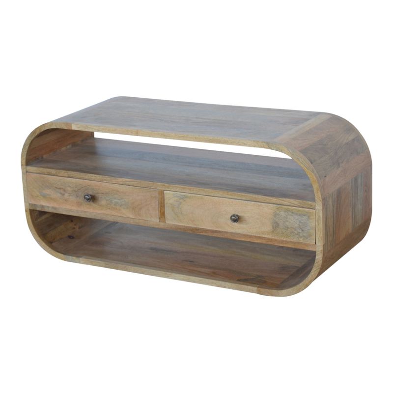 A Scandinavian style unit with a rounded carcass and two useful drawers, forming a handy shelf both above and below them. Crafted by hand from Mango wood, and finished with an oak effect.
Front/top/Side view picture.