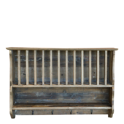 Cuisine Plate Rack.
Recycled natural finish wooded wall mounted plate rack with four hooks.