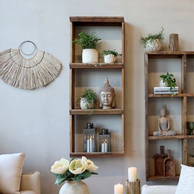Grimaud Display Shelving Unit small.
Made in Dark Recycled Aged Wood.
Set as a Rectangle making three Square display spaces.
Lifestyle Image showing unit dressed in an earthy toned room