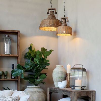 Arlo Large Wickered Rattan Ceiling Light.
Open Bottom.  Iron Works attachment.
Lifestyle Setting:  Large and Small Arlo Wickered Rattan Ceiling Ligths with light shining from the bottom. Set in  an earthy toned room with Grimaud shelving unit and Grinmaud Wall Display Shelving Unit.  Dressed with large plant in Concourse Planter and Marseilles Cream Linen Sofa