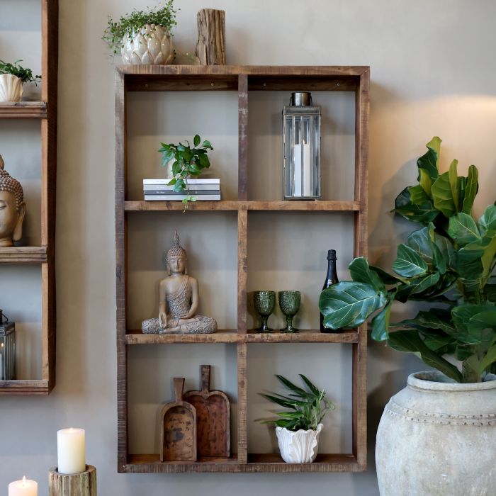 Grimaud Display Shelving Unit large.
Made in Dark Recycled Aged Wood.
Set as a Rectangle making Six Square display spaces.
Lifestyle Image showing unit dressed in an earthy toned room
