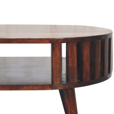 A close up view of the top end of this luxury coffee table showing the versatile lower storage shelf.