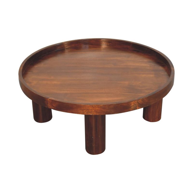 Here we have the top view of this good size coffee table showing the beautiful wood shade of chestnut and the very useful raised tabletop edge.