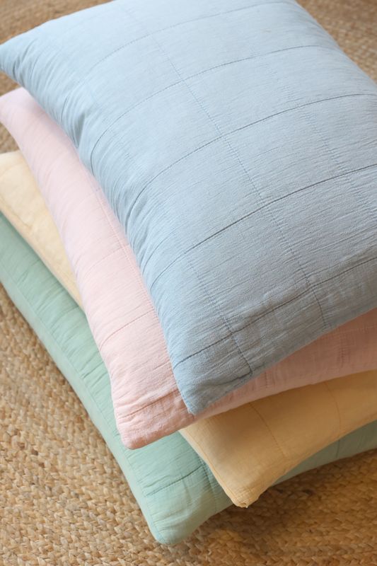 Chic Rectangular Cushion - Sky Blue
Set on stack with pink, yellow and verte cushions