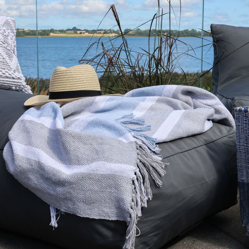 Chic Throw with French Grey and Sky Blue Stripes with Fringing
Drapped over a Lazyday Outdoor Bed