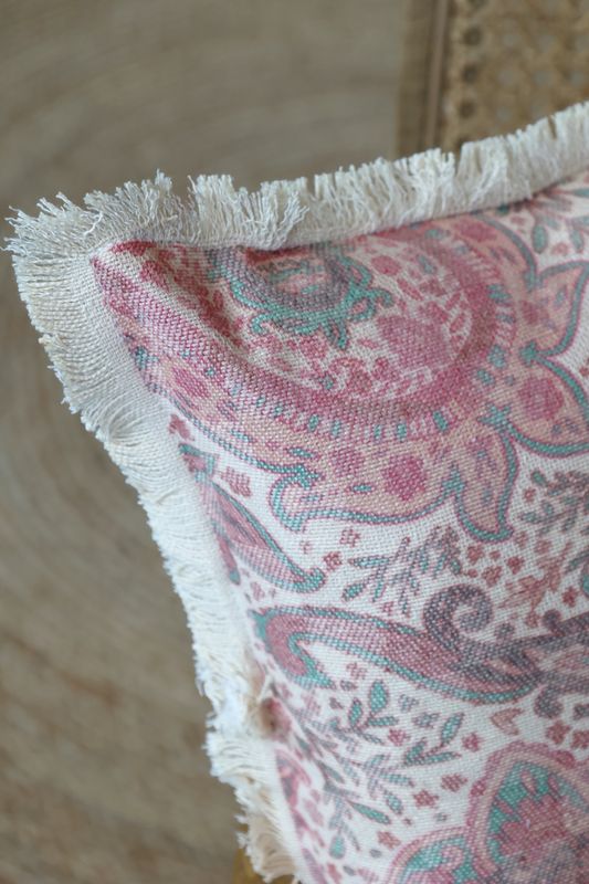 Chic Square Delicate Fringed Cushion in Raspberry, Rose Colours