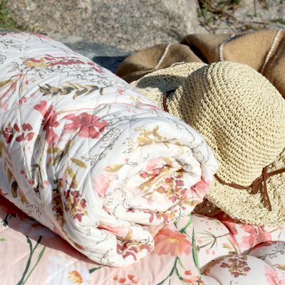Chic Quilted Blanket - Taupe, Deep Pinks, Peach Floral Design
Image:  One Rolled and out set out