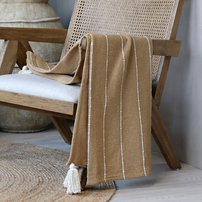 Chic Throw Honey with Cream Stripe Pattern
Harlequin Honey / Cream Stripe Pattern.  Corner Cream Tassle.
Image:  Thrown over the arm of a chair