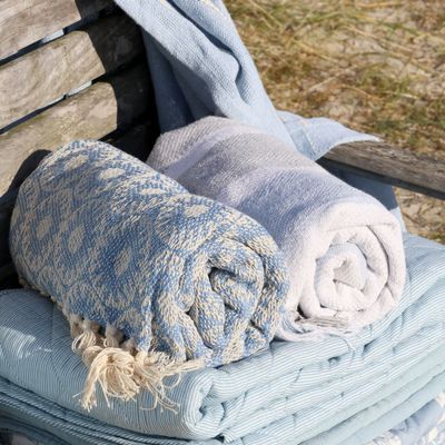Chic Throw Ocean with Cream Pattern
Harlequin Ocean / Cream Pattern.  Cream Tassles.
Image:  Rolled and Tacked on a Chair