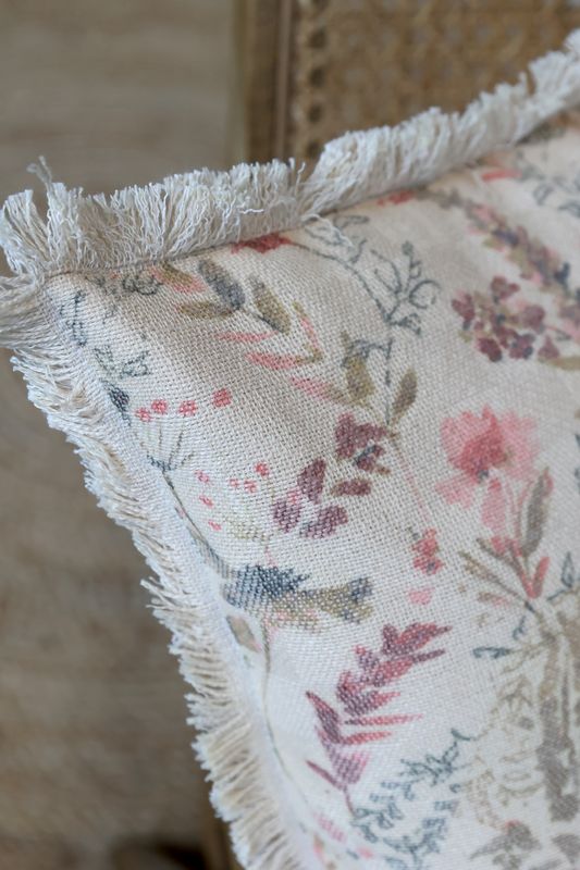 Chic Square Cushion Floral - Fringed Cream Floral Pattern