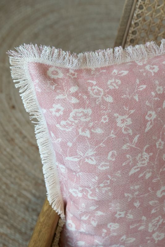 Chic Square Cushion Floral - Fringed Delicate Pink Pattern