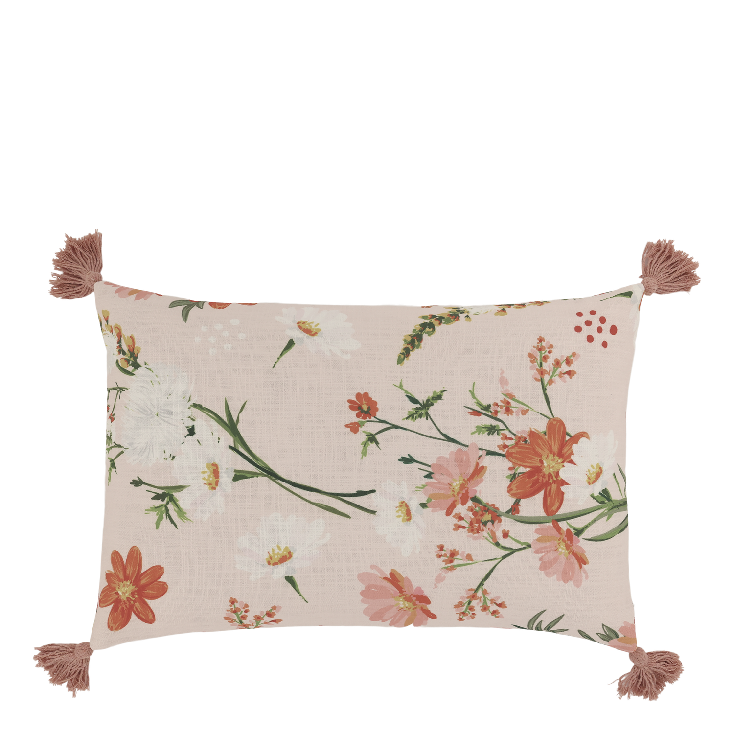 Chic Rectangular Patterned Cushion with Corner Tassels.
Pinks, Taupe, Peach Floral Design