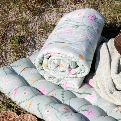 Chic Square Pad Stitch Quilt.
Pale Green Colours with dainty pink, green yellow flowers
One rolled up and one rolled out