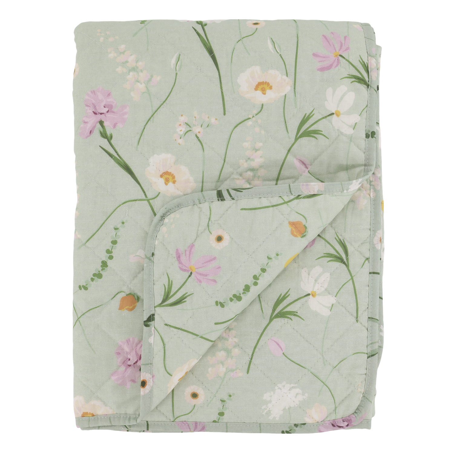 Chic Square Pad Stitch Quilt.
Pale Green Colours with dainty pink, green yellow flowers