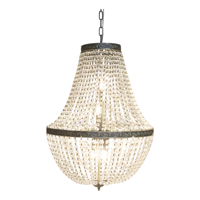 Opera Glass Prisim Chandelier
Antique Brass top circle and medium circle. Glass Prisims in threads from top draped to middle brass circle and then draped back to base
Lit up