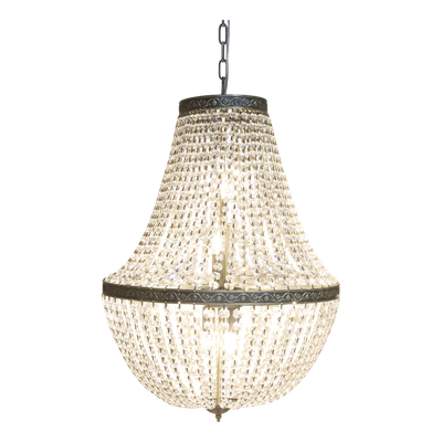 Opera Glass Prisim Chandelier
Antique Brass top circle and medium circle. Glass Prisims in threads from top draped to middle brass circle and then draped back to base
Lit up