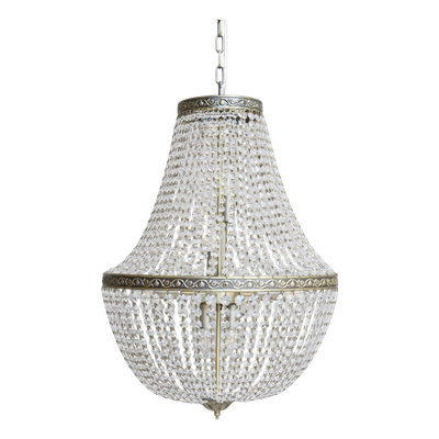 Opera Glass Prisim Chandelier Opera Glass Prisim Chandelier
Antique Brass top circle and medium circle. Glass Prisims in threads from top draped to middle brass circle and then draped back to base