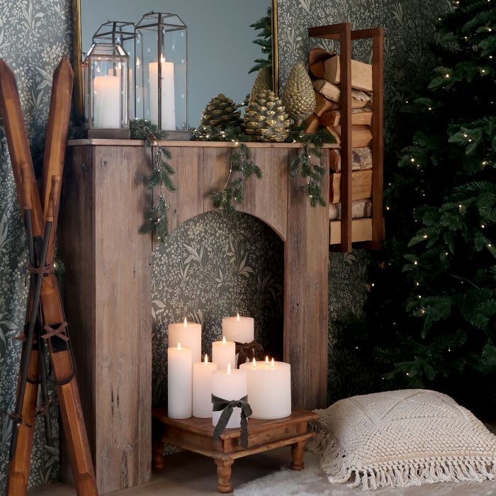 Amelie Recycled Wood Mantlepiece
Natural Finish Repurposed Wood
Dressed with Candles and Lanterns