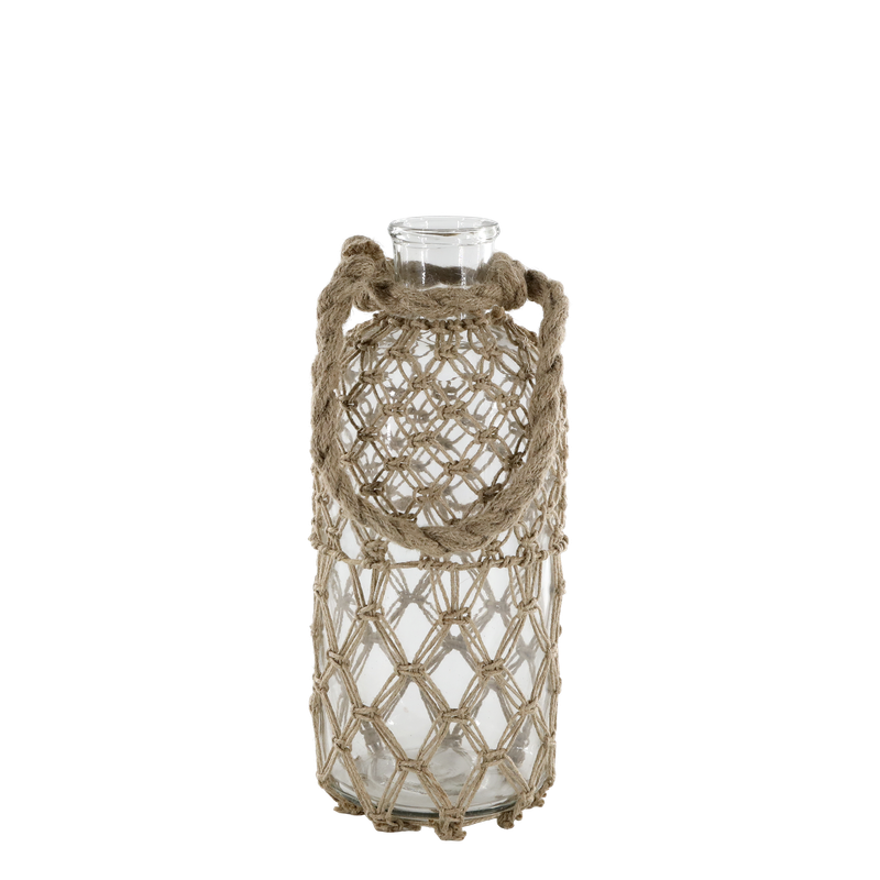 Set of Three Glass Bottles encased in a rope patterned weave bottle holders with rope handle.
Sine Bottle