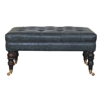 Washington Teal Leather Bench This magnificent wooden bench is made from strong mango wood and topped with a teal coloured padded seat which looks really special.