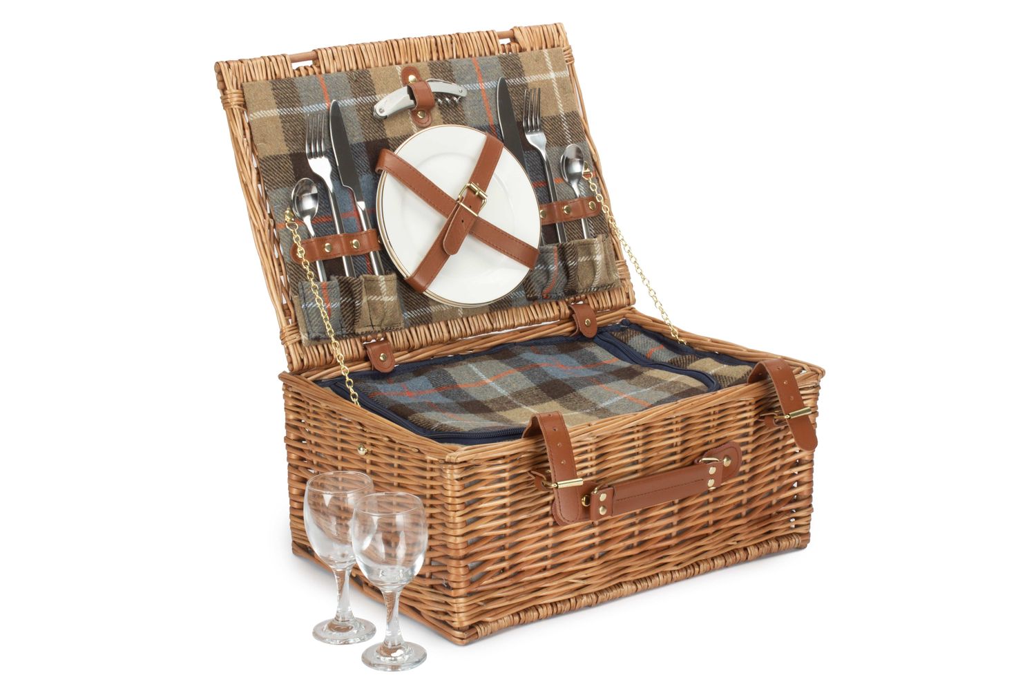 Luxury Two Person Picnic Hamper
Tartan Fabric:  Beige, light blue squares, brown large stripes and thin white and red lines.