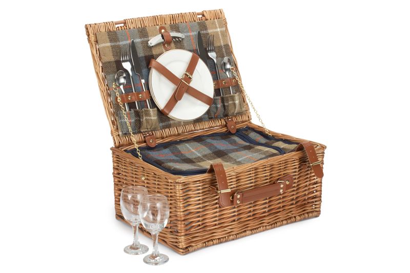Luxury Two Person Picnic Hamper
Tartan Fabric:  Beige, light blue squares, brown large stripes and thin white and red lines.