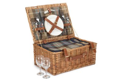 Luxury Two Person Picnic Hamper
Tartan Fabric:  Beige, light blue squares, brown large stripes and thin white and red lines.