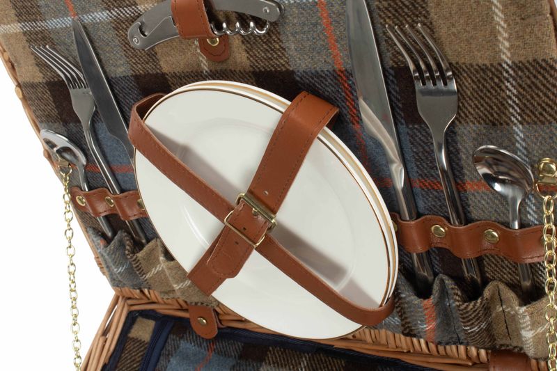 Luxury Two Person Picnic Hamper
Tartan Fabric: Beige, light blue squares, brown large stripes and thin white and red lines.
Image shows plates strapped into lid