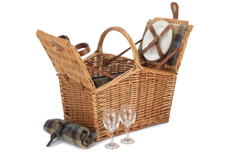 Two Person Ravenstor Sloped Sides Picnic Hamper
Tartan Fabric: Beige, light blue squares, brown large stripes and thin white and red lines.
Image Open with glasses and picnic rug