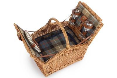 Two Person Ravenstor Sloped Sided Picnic Hamper 
Tartan Fabric:  Beige, light blue squares, brown large stripes and thin white and red lines.
Image of hamper open