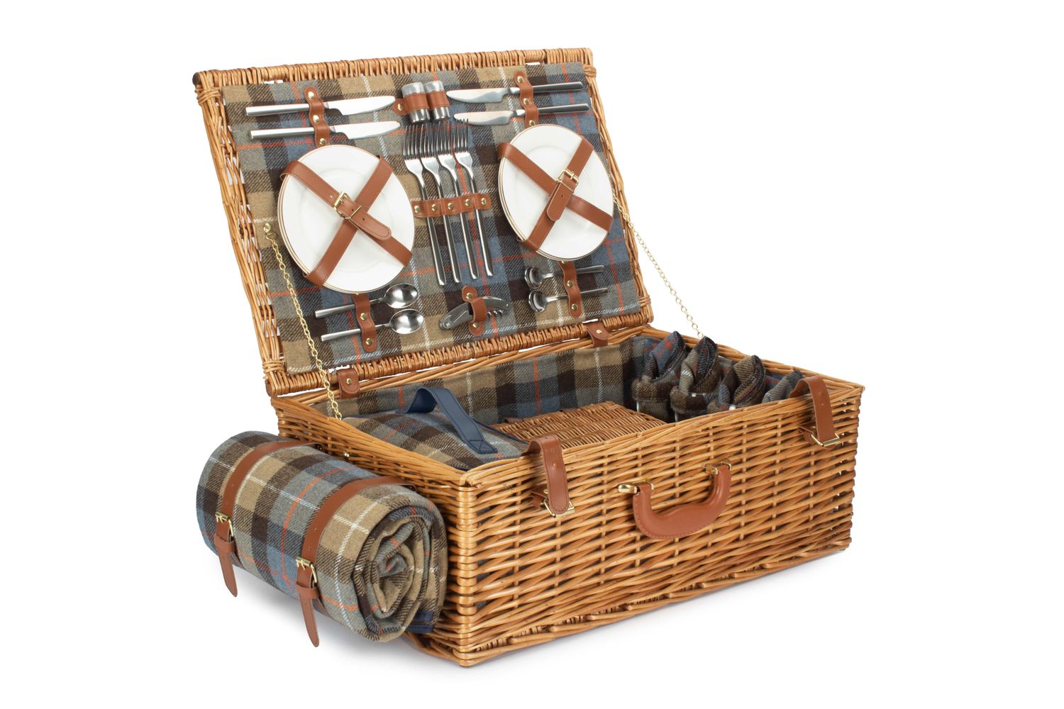 Deluxe Four Person Ravenstor Picnic Hamper 
Tartan Fabric:  Beige, light blue squares, brown large stripes and thin white and red lines.
Image:  Open with Rug on side